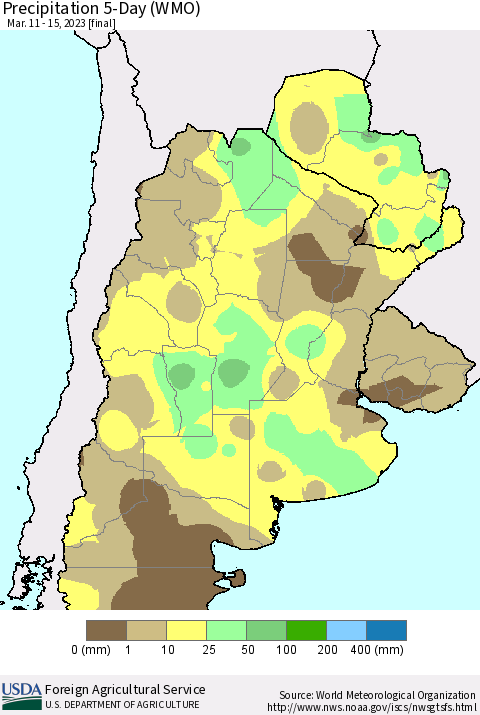 Southern South America Precipitation 5-Day (WMO) Thematic Map For 3/11/2023 - 3/15/2023