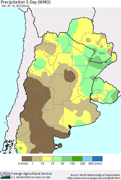 Southern South America Precipitation 5-Day (WMO) Thematic Map For 3/26/2023 - 3/31/2023