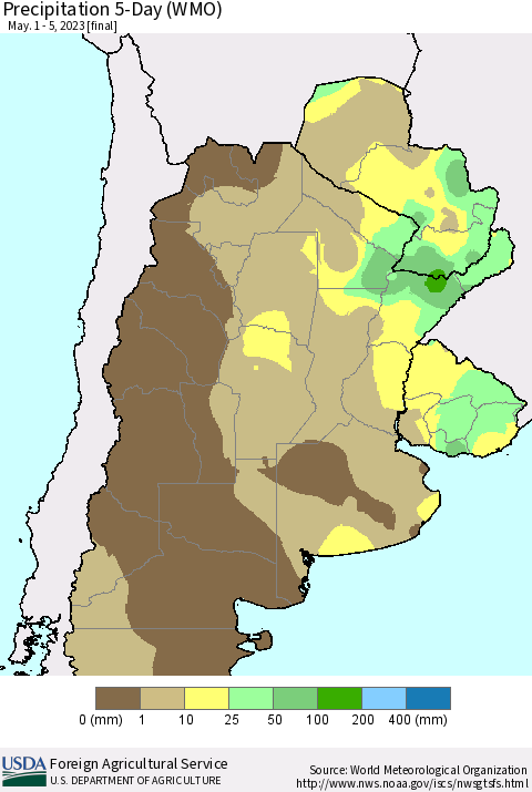 Southern South America Precipitation 5-Day (WMO) Thematic Map For 5/1/2023 - 5/5/2023