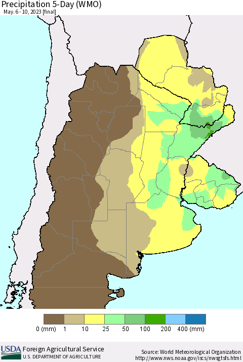 Southern South America Precipitation 5-Day (WMO) Thematic Map For 5/6/2023 - 5/10/2023