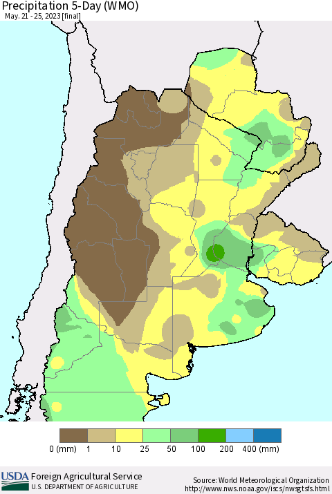 Southern South America Precipitation 5-Day (WMO) Thematic Map For 5/21/2023 - 5/25/2023