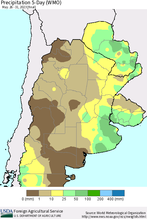Southern South America Precipitation 5-Day (WMO) Thematic Map For 5/26/2023 - 5/31/2023