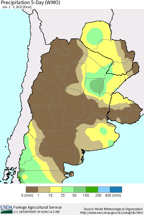 Southern South America Precipitation 5-Day (WMO) Thematic Map For 6/1/2023 - 6/5/2023