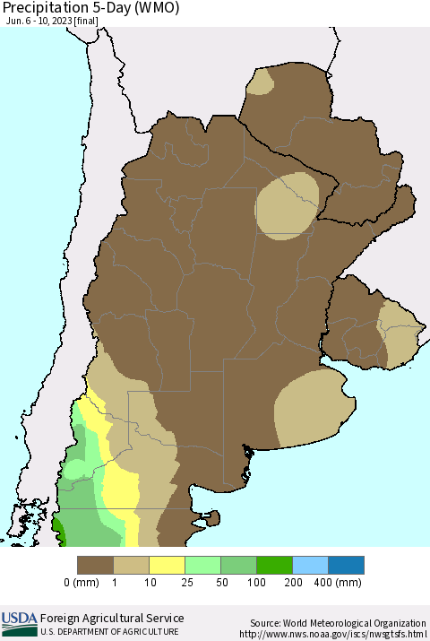 Southern South America Precipitation 5-Day (WMO) Thematic Map For 6/6/2023 - 6/10/2023