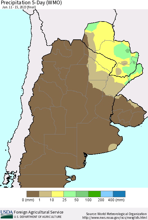 Southern South America Precipitation 5-Day (WMO) Thematic Map For 6/11/2023 - 6/15/2023