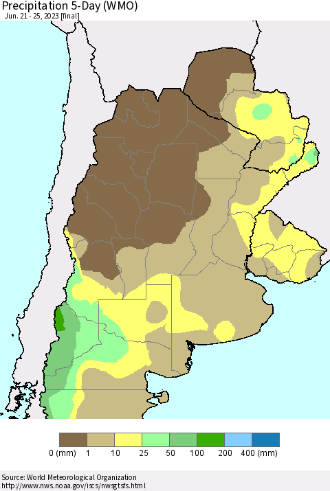 Southern South America Precipitation 5-Day (WMO) Thematic Map For 6/21/2023 - 6/25/2023