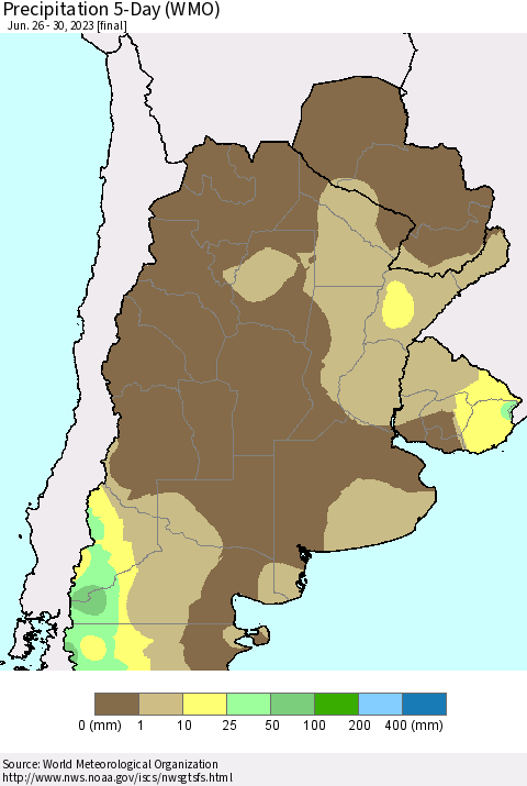 Southern South America Precipitation 5-Day (WMO) Thematic Map For 6/26/2023 - 6/30/2023