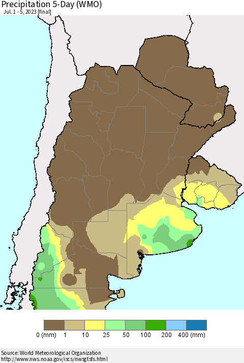 Southern South America Precipitation 5-Day (WMO) Thematic Map For 7/1/2023 - 7/5/2023