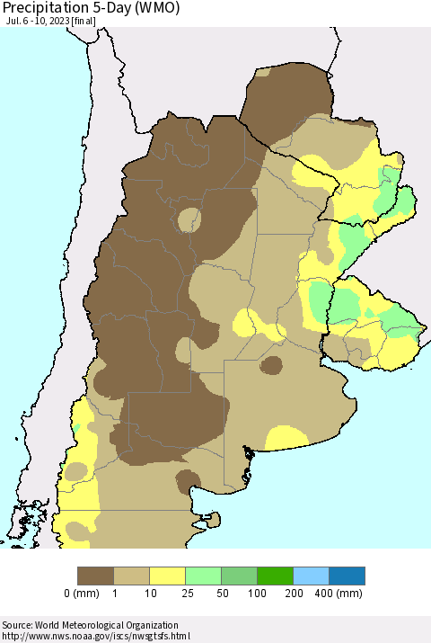 Southern South America Precipitation 5-Day (WMO) Thematic Map For 7/6/2023 - 7/10/2023