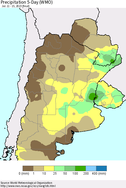 Southern South America Precipitation 5-Day (WMO) Thematic Map For 7/11/2023 - 7/15/2023