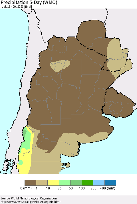 Southern South America Precipitation 5-Day (WMO) Thematic Map For 7/16/2023 - 7/20/2023