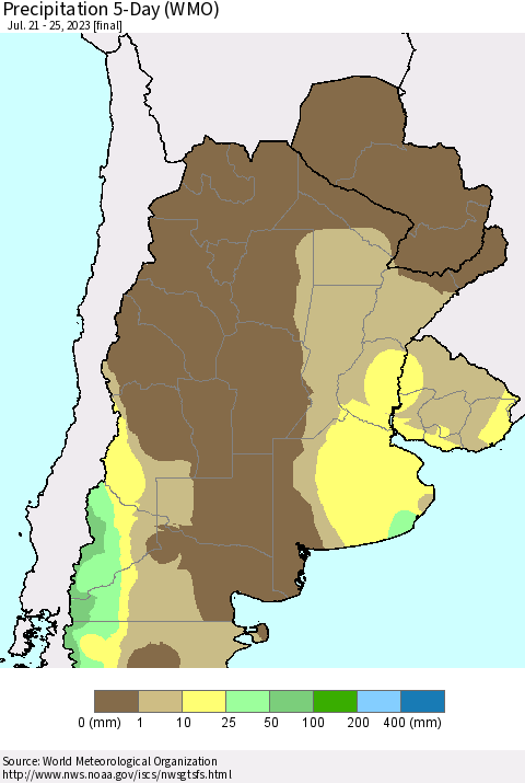 Southern South America Precipitation 5-Day (WMO) Thematic Map For 7/21/2023 - 7/25/2023