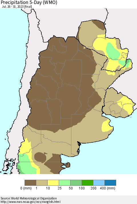 Southern South America Precipitation 5-Day (WMO) Thematic Map For 7/26/2023 - 7/31/2023