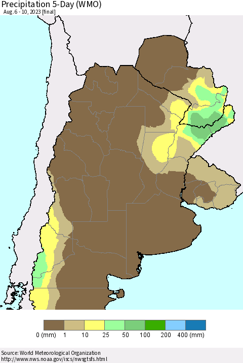 Southern South America Precipitation 5-Day (WMO) Thematic Map For 8/6/2023 - 8/10/2023