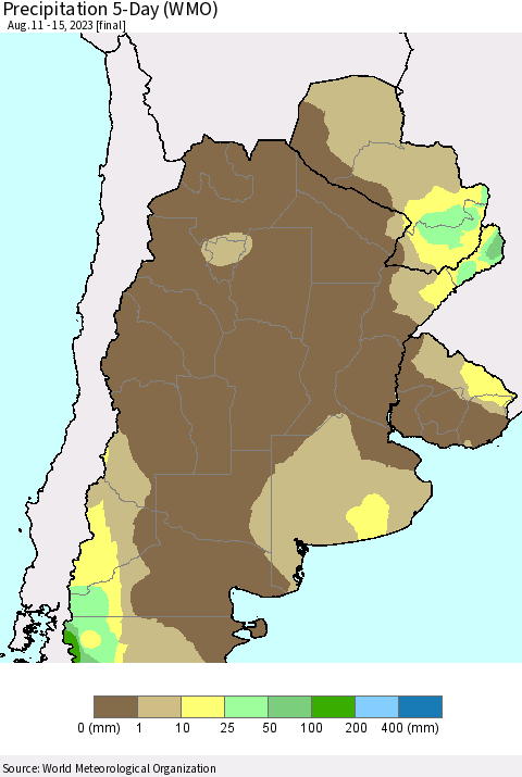 Southern South America Precipitation 5-Day (WMO) Thematic Map For 8/11/2023 - 8/15/2023
