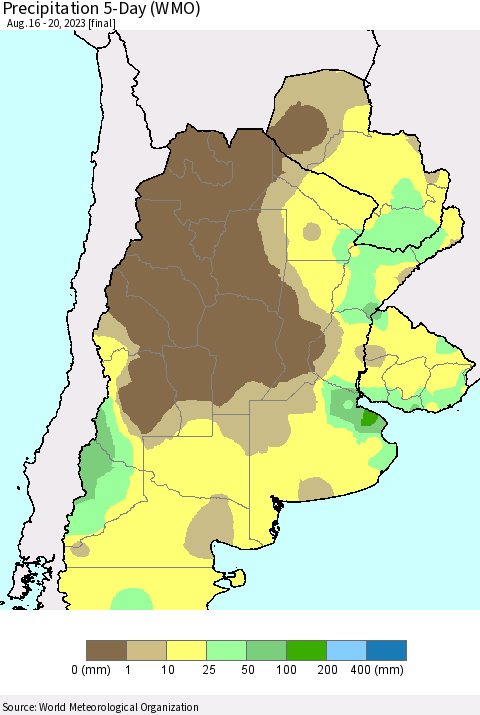Southern South America Precipitation 5-Day (WMO) Thematic Map For 8/16/2023 - 8/20/2023