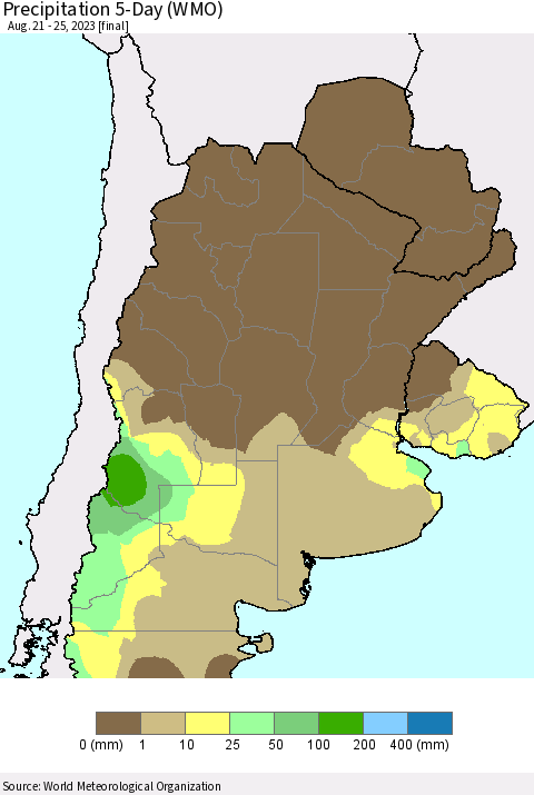 Southern South America Precipitation 5-Day (WMO) Thematic Map For 8/21/2023 - 8/25/2023