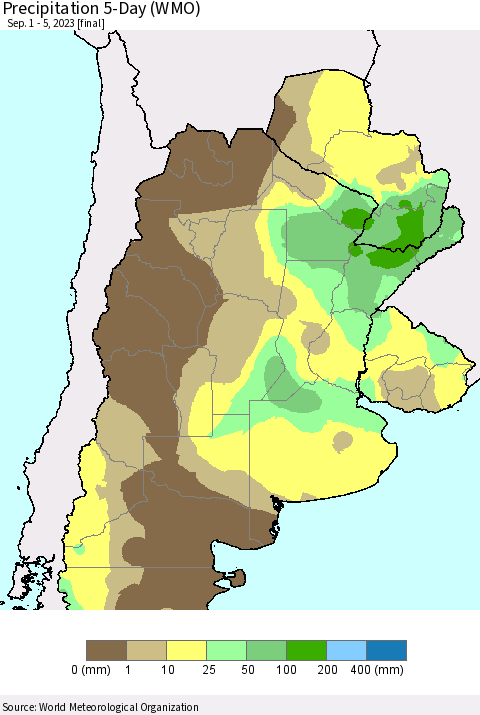 Southern South America Precipitation 5-Day (WMO) Thematic Map For 9/1/2023 - 9/5/2023