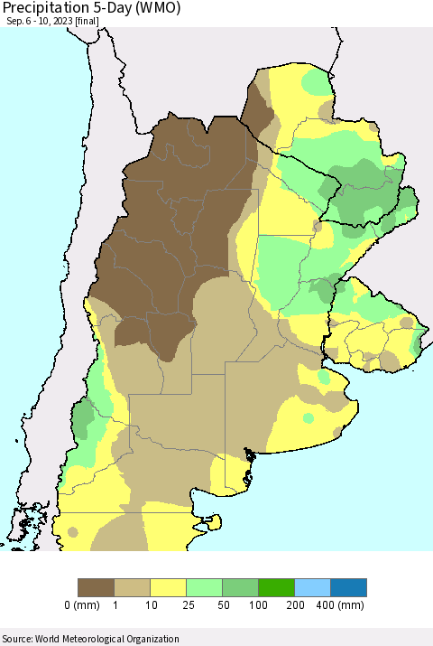 Southern South America Precipitation 5-Day (WMO) Thematic Map For 9/6/2023 - 9/10/2023