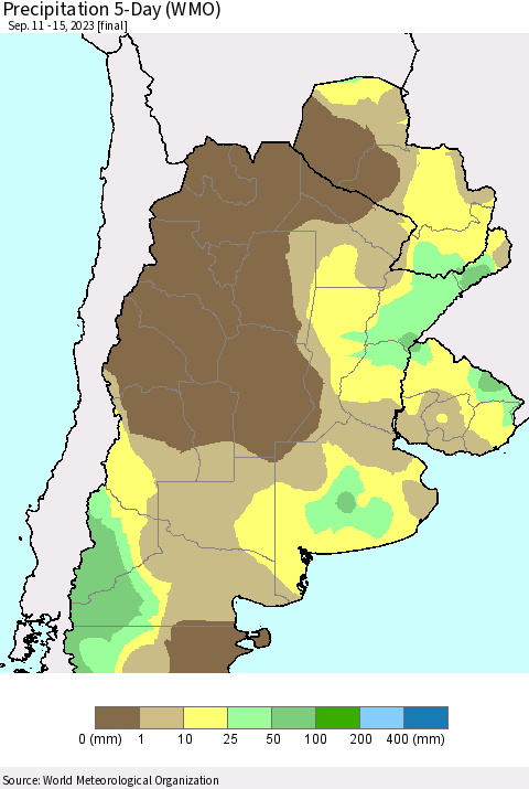 Southern South America Precipitation 5-Day (WMO) Thematic Map For 9/11/2023 - 9/15/2023
