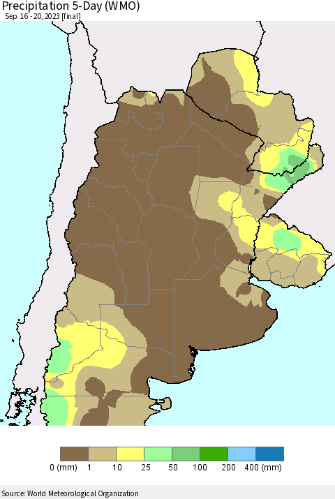 Southern South America Precipitation 5-Day (WMO) Thematic Map For 9/16/2023 - 9/20/2023