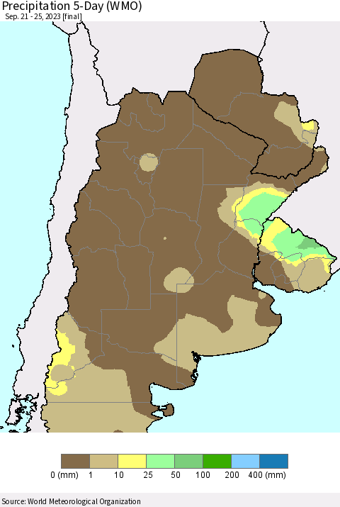 Southern South America Precipitation 5-Day (WMO) Thematic Map For 9/21/2023 - 9/25/2023