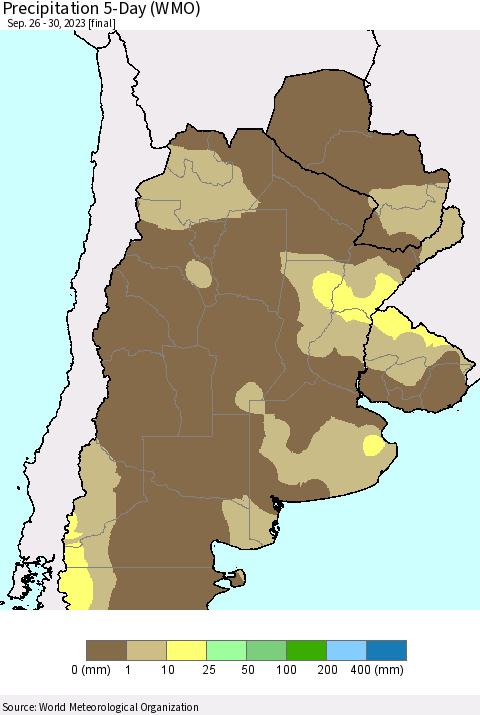 Southern South America Precipitation 5-Day (WMO) Thematic Map For 9/26/2023 - 9/30/2023