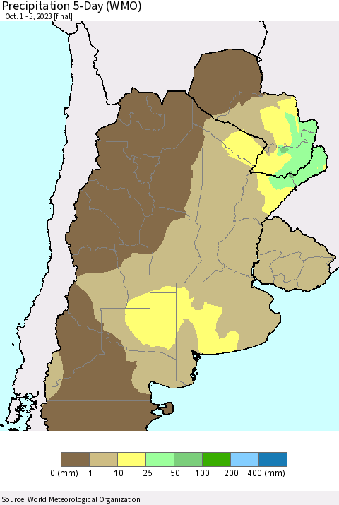 Southern South America Precipitation 5-Day (WMO) Thematic Map For 10/1/2023 - 10/5/2023