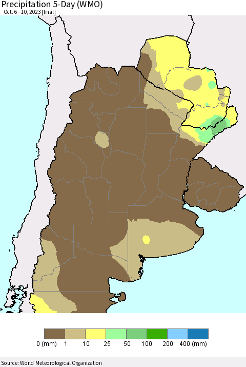 Southern South America Precipitation 5-Day (WMO) Thematic Map For 10/6/2023 - 10/10/2023