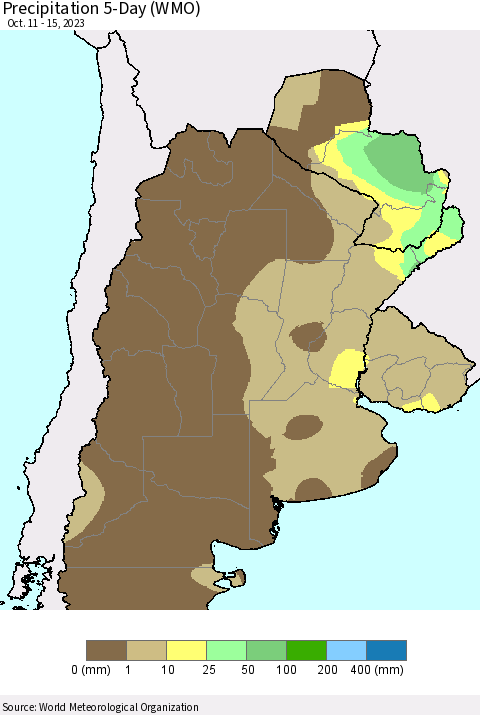 Southern South America Precipitation 5-Day (WMO) Thematic Map For 10/11/2023 - 10/15/2023