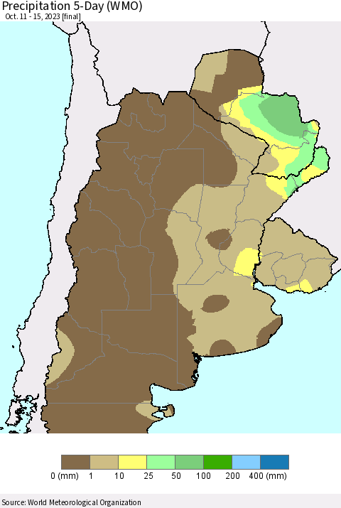Southern South America Precipitation 5-Day (WMO) Thematic Map For 10/11/2023 - 10/15/2023