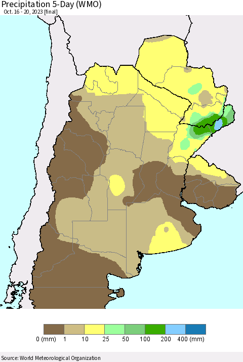 Southern South America Precipitation 5-Day (WMO) Thematic Map For 10/16/2023 - 10/20/2023
