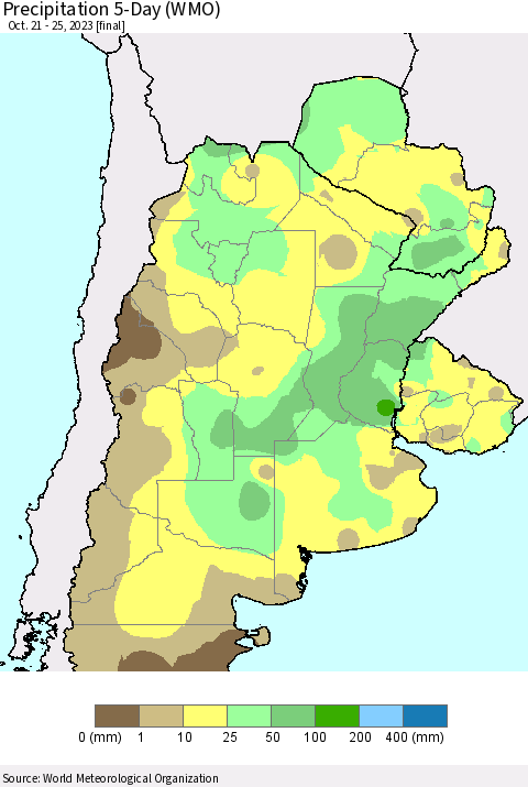 Southern South America Precipitation 5-Day (WMO) Thematic Map For 10/21/2023 - 10/25/2023
