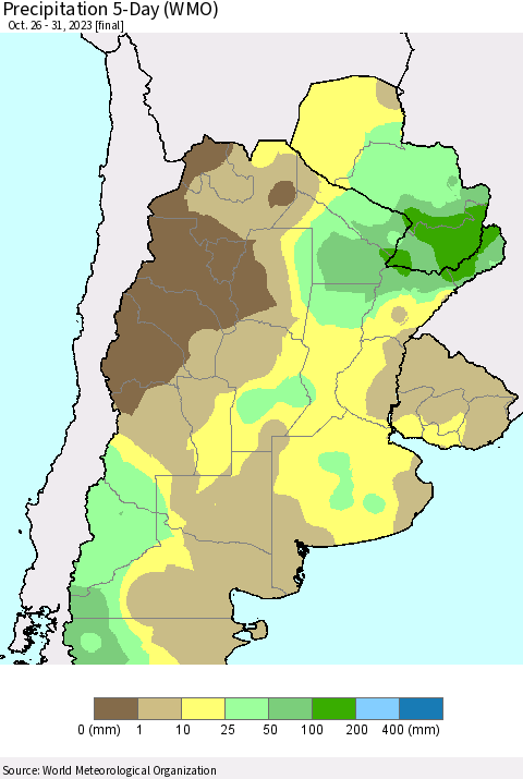 Southern South America Precipitation 5-Day (WMO) Thematic Map For 10/26/2023 - 10/31/2023