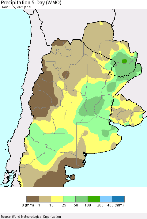 Southern South America Precipitation 5-Day (WMO) Thematic Map For 11/1/2023 - 11/5/2023