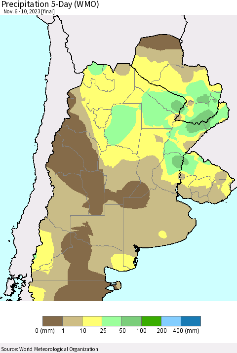 Southern South America Precipitation 5-Day (WMO) Thematic Map For 11/6/2023 - 11/10/2023