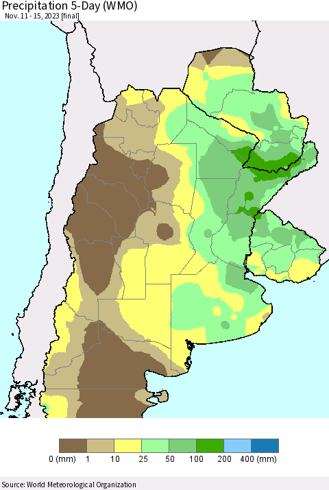 Southern South America Precipitation 5-Day (WMO) Thematic Map For 11/11/2023 - 11/15/2023