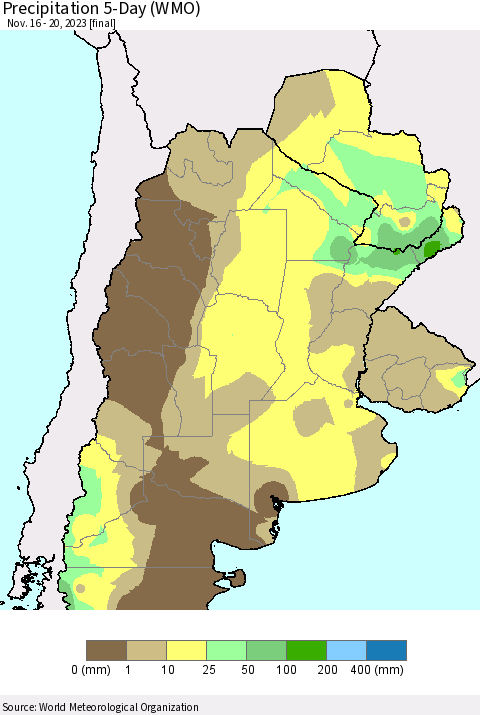 Southern South America Precipitation 5-Day (WMO) Thematic Map For 11/16/2023 - 11/20/2023