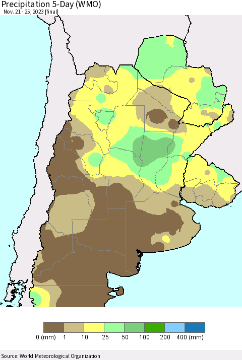 Southern South America Precipitation 5-Day (WMO) Thematic Map For 11/21/2023 - 11/25/2023