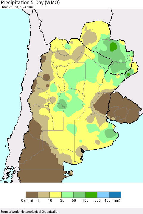 Southern South America Precipitation 5-Day (WMO) Thematic Map For 11/26/2023 - 11/30/2023