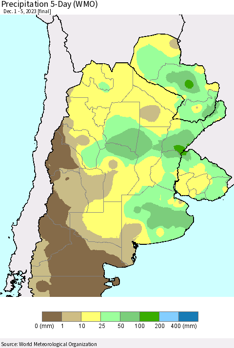 Southern South America Precipitation 5-Day (WMO) Thematic Map For 12/1/2023 - 12/5/2023