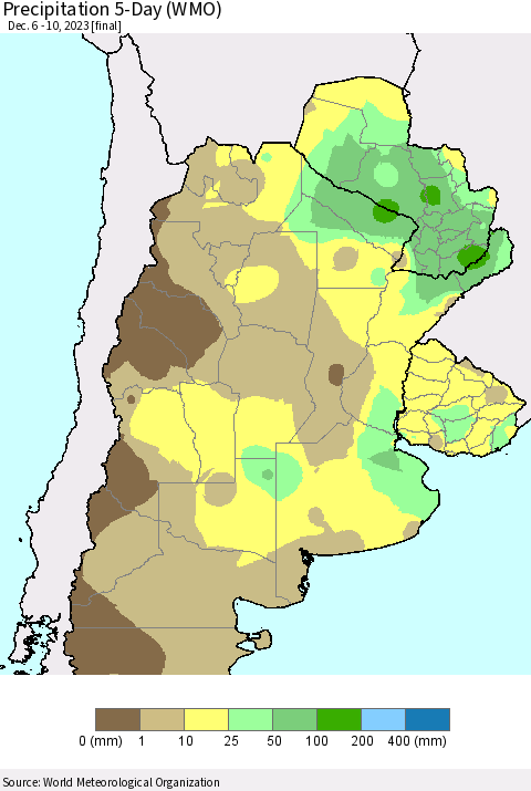 Southern South America Precipitation 5-Day (WMO) Thematic Map For 12/6/2023 - 12/10/2023