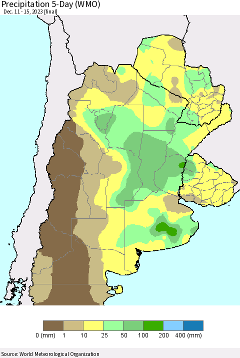 Southern South America Precipitation 5-Day (WMO) Thematic Map For 12/11/2023 - 12/15/2023