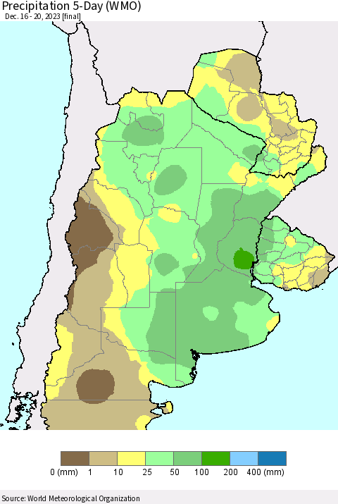 Southern South America Precipitation 5-Day (WMO) Thematic Map For 12/16/2023 - 12/20/2023
