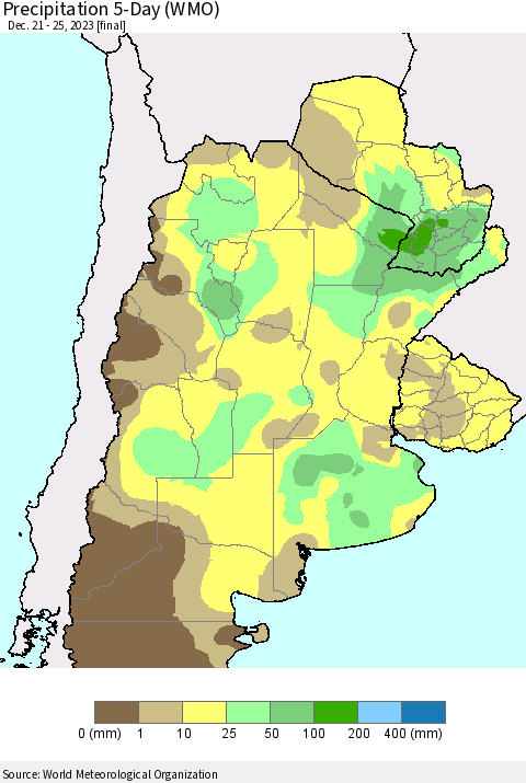 Southern South America Precipitation 5-Day (WMO) Thematic Map For 12/21/2023 - 12/25/2023