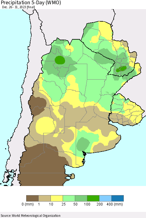Southern South America Precipitation 5-Day (WMO) Thematic Map For 12/26/2023 - 12/31/2023