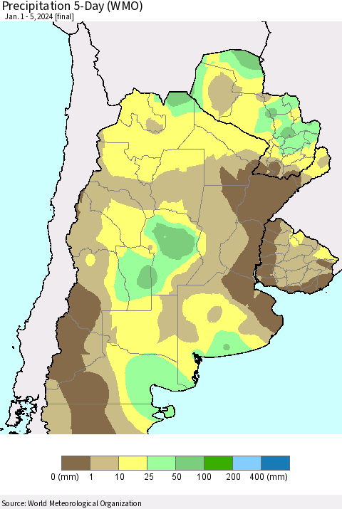 Southern South America Precipitation 5-Day (WMO) Thematic Map For 1/1/2024 - 1/5/2024