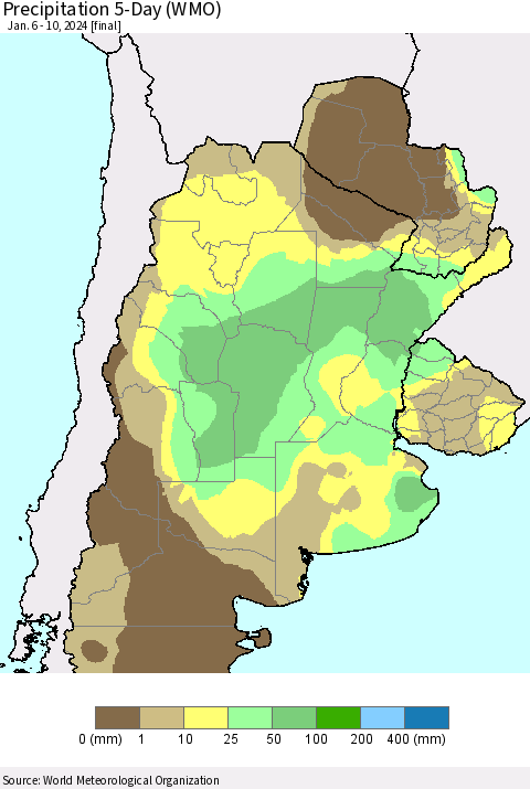 Southern South America Precipitation 5-Day (WMO) Thematic Map For 1/6/2024 - 1/10/2024