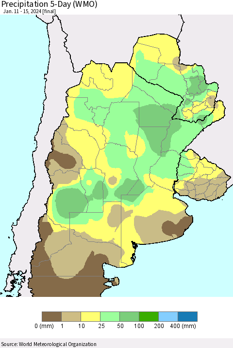 Southern South America Precipitation 5-Day (WMO) Thematic Map For 1/11/2024 - 1/15/2024
