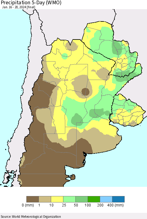 Southern South America Precipitation 5-Day (WMO) Thematic Map For 1/16/2024 - 1/20/2024
